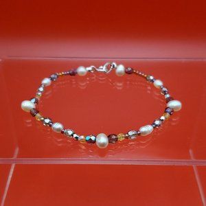 7 Inch 925 Sterling Silver Genuine Pearls And Crystals Bracelet
